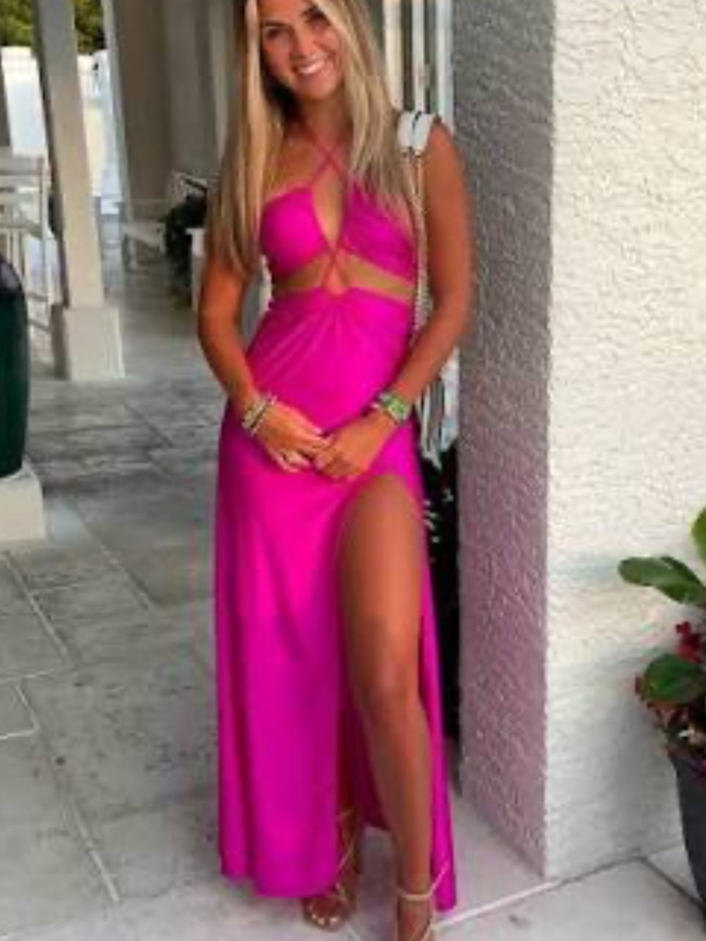 Elegant Hot Pink Cutout Evening Dress with High Slit sizes XL